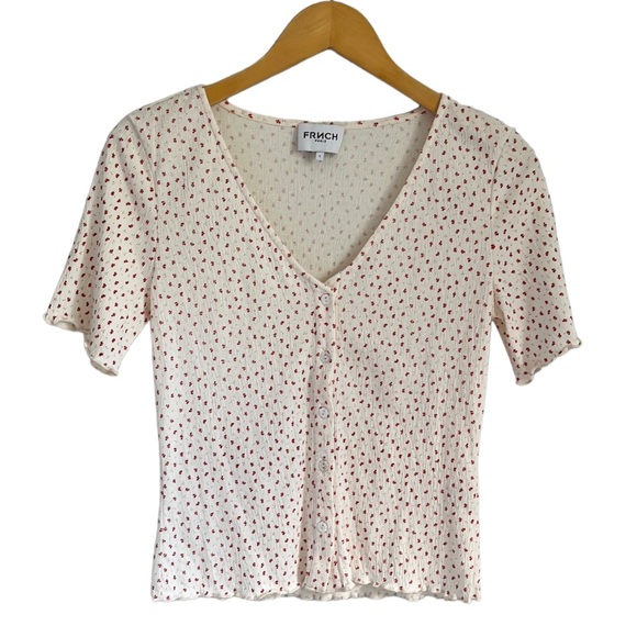 FRNCH Ornella Floral Ruffle Frill Trim Cream V Neck T Shirt S - Picture 3 of 15